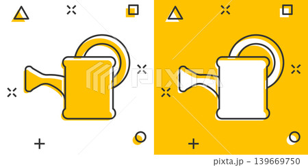 Water can icon in comic style. Irrigation garden cartoon vector illustration on white isolated background. Watering splash effect business concept. Water can icon in comic style. Irrigation garden cartoon vector illustration on white isolated background. Watering splash effect business concept. 139669750