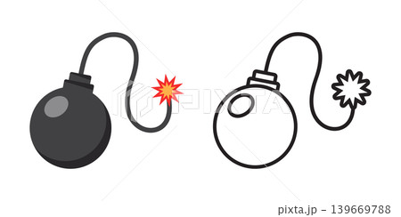 Bomb icon in flat silhouette style. Explosive bombshell vector illustration on isolated background. Grenade sign business concept. Bomb icon in flat silhouette style. Explosive bombshell vector illustration on isolated background. Grenade sign business concept. 139669788