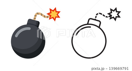 Bomb icon in flat silhouette style. Explosive bombshell vector illustration on isolated background. Grenade sign business concept. Bomb icon in flat silhouette style. Explosive bombshell vector illustration on isolated background. Grenade sign business concept. 139669791