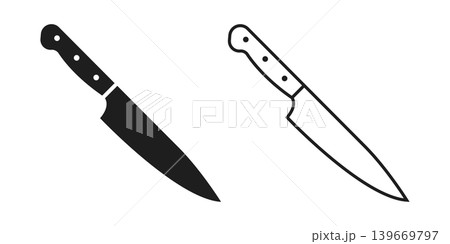 Kitchen knife icon in flat silhouette style. Cutting tool vector illustration on isolated background. Cooking equipment sign business concept. Kitchen knife icon in flat silhouette style. Cutting tool vector illustration on isolated background. Cooking equipment sign business concept. 139669797