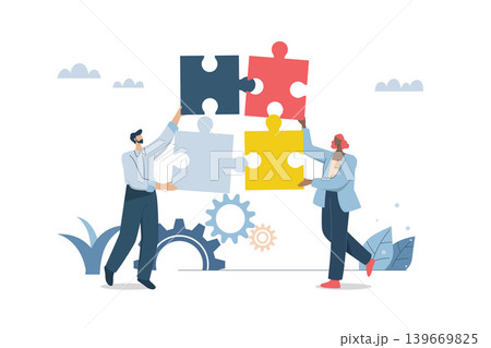 Effective teamwork, Problem solving, or ways to improve, career development concept, Symbol of teamwork, Business people work together to complete jigsaw puzzle in harmony. Vector design illustration. 139669825