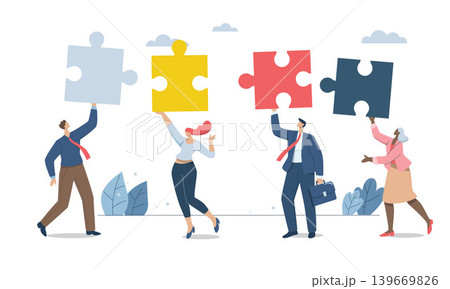 Business people work together to complete jigsaw puzzle in harmony. Effective teamwork, Problem solving, or ways to improve, career development concept, Symbol of teamwork, Vector design illustration. 139669826
