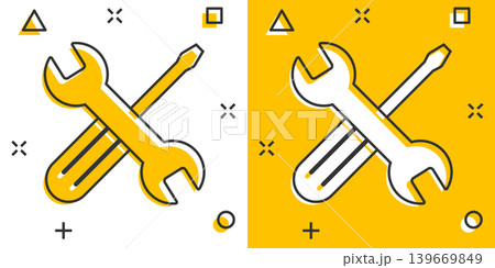 Wrench and screwdriver icon in comic style. Spanner key cartoon vector illustration on white isolated background. Repair equipment splash effect business concept. Wrench and screwdriver icon in comic style. Spanner key cartoon vector illustration on white isolated background. Repair equipment splash effect business concept. 139669849