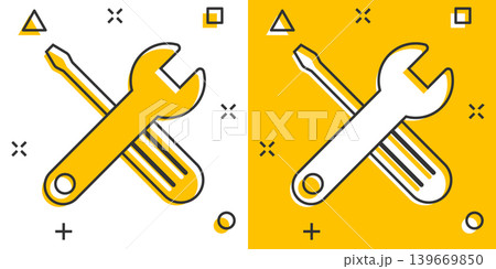Wrench and screwdriver icon in comic style. Spanner key cartoon vector illustration on white isolated background. Repair equipment splash effect business concept. 139669850