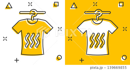 T-shirt washing icon in comic style. Clothes dry cartoon vector illustration on white isolated background. Shirt laundry splash effect business concept. T-shirt washing icon in comic style. Clothes dry cartoon vector illustration on white isolated background. Shirt laundry splash effect business concept. 139669855