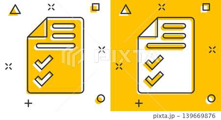 Document checklist icon in comic style. Report cartoon vector illustration on white isolated background. Paper sheet splash effect business concept. Document checklist icon in comic style. Report cartoon vector illustration on white isolated background. Paper sheet splash effect business concept. 139669876