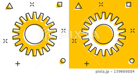 Gear vector icon in comic style. Cog wheel cartoon illustration on white isolated background. Gearwheel cogwheel splash effect business concept. Gear vector icon in comic style. Cog wheel cartoon illustration on white isolated background. Gearwheel cogwheel splash effect business concept. 139669884