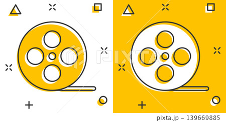 Film icon in comic style. Movie cartoon vector illustration on white isolated background. Video splash effect business concept. Film icon in comic style. Movie cartoon vector illustration on white isolated background. Video splash effect business concept. 139669885