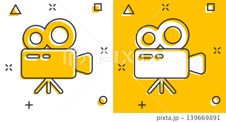 Projector icon in comic style. Cinema camera cartoon vector illustration on white isolated background. Movie splash effect business concept. 139669891