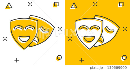 Theater mask icon in comic style. Comedy and tragedy cartoon vector illustration on white isolated background. Smile face splash effect business concept. Theater mask icon in comic style. Comedy and tragedy cartoon vector illustration on white isolated background. Smile face splash effect business concept. 139669900