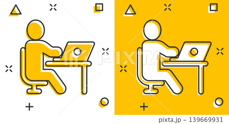 People with laptop computer icon in comic style. Pc user cartoon vector illustration on white isolated background. Office manager splash effect business concept. People with laptop computer icon in comic style. Pc user cartoon vector illustration on white isolated background. Office manager splash effect business concept. 139669931