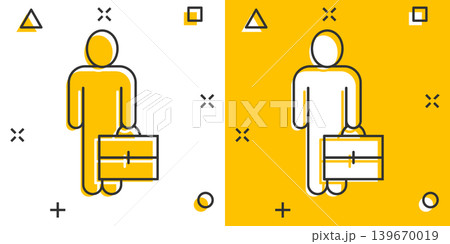 Businessman with briefcase icon in comic style. People manager cartoon vector illustration on white isolated background. Employee splash effect business concept. Businessman with briefcase icon in comic style. People manager cartoon vector illustration on white isolated background. Employee splash effect business concept. 139670019