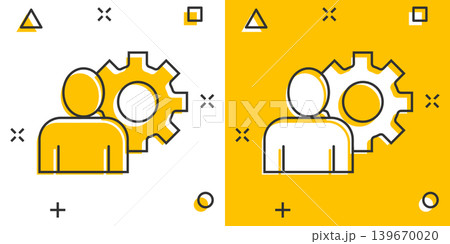 People with gear icon in comic style. Person cogwheel cartoon vector illustration on white isolated background. Teamwork splash effect business concept. People with gear icon in comic style. Person cogwheel cartoon vector illustration on white isolated background. Teamwork splash effect business concept. 139670020