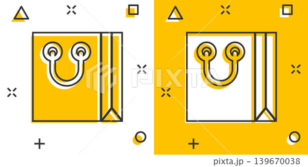 Shopping bag icon in comic style. Handbag cartoon sign vector illustration on white isolated background. Package splash effect business concept. 139670038