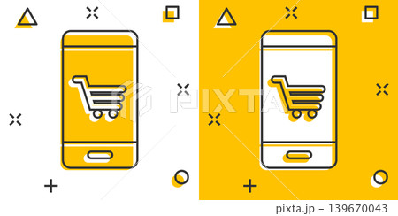 Online shopping icon in comic style. Smartphone store cartoon vector illustration on white isolated background. Market splash effect business concept. Online shopping icon in comic style. Smartphone store cartoon vector illustration on white isolated background. Market splash effect business concept. 139670043