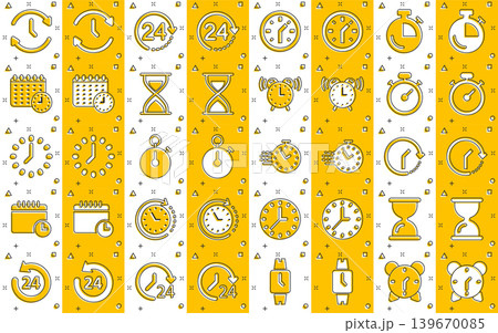 Time icon set in comic style. Agenda clock cartoon vector illustration on white isolated background. Sandglass, wristwatch timer splash effect business concept. 139670085