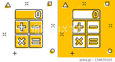 Calculator icon in comic style. Calculate cartoon vector illustration on white isolated background. Calculation splash effect business concept. Calculator icon in comic style. Calculate cartoon vector illustration on white isolated background. Calculation splash effect business concept. 139670103