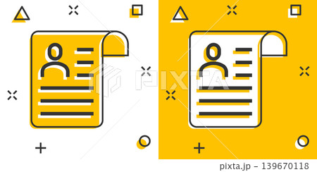 Resume icon in comic style. Contract document cartoon vector illustration on white isolated background. Paper notepad splash effect business concept. Resume icon in comic style. Contract document cartoon vector illustration on white isolated background. Paper notepad splash effect business concept. 139670118