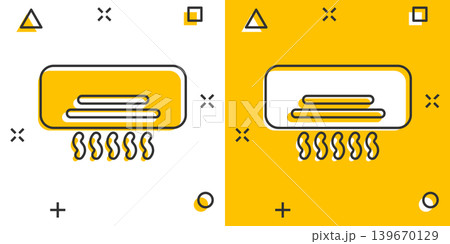 Conditioner icon in comic style. Cooler cartoon vector illustration on white isolated background. Cold climate splash effect business concept. Conditioner icon in comic style. Cooler cartoon vector illustration on white isolated background. Cold climate splash effect business concept. 139670129