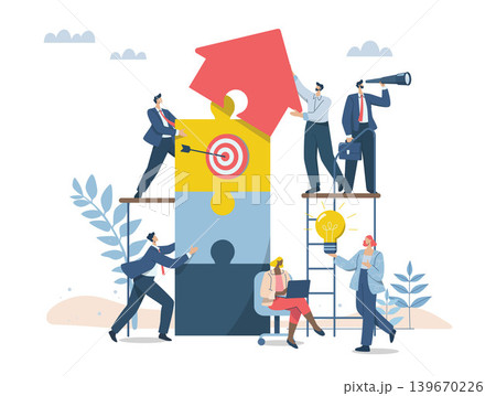 Growth of company or organization, Effective teamwork, Business people working together to complete jigsaw puzzle with unity, Team building and business concept. Vector design illustration. Growth of company or organization, Effective teamwork, Business people working together to complete jigsaw puzzle with unity, Team building and business concept. Vector design illustration. 139670226