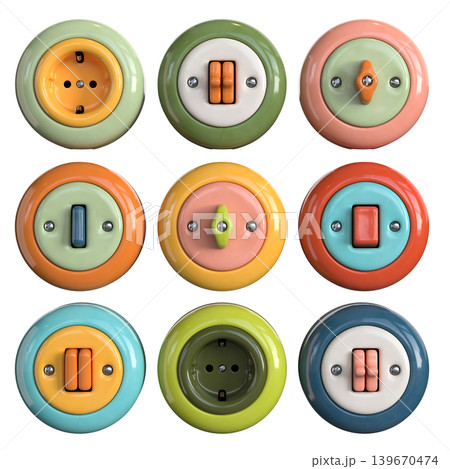 Vintage retro style ceramic multi colored switch. and sockets. 139670474