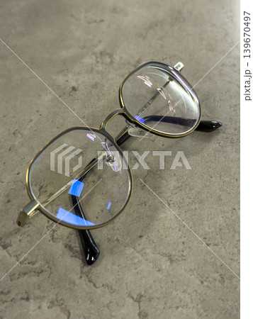 Stylish Round Eyeglasses Blue Light Reflection Closeup 139670497