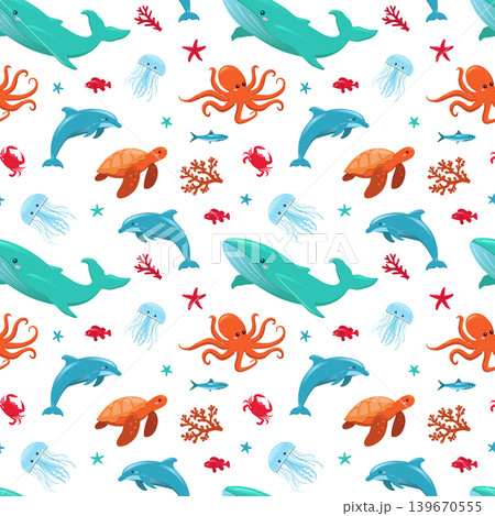 Sea animals seamless pattern, cute marine life vector illustration with whale, octopus, dolphin and turtle, colorful ocean underwater creatures background for kids fabric and wallpaper Sea animals seamless pattern, cute marine life vector illustration with whale, octopus, dolphin and turtle, colorful ocean underwater creatures background for kids fabric and wallpaper 139670555
