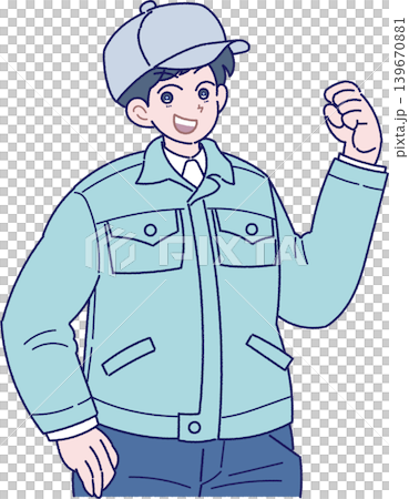 帽子を被り作業服を着たガッツポーズの男性作業員のイラスト 帽子を被り作業服を着たガッツポーズの男性作業員のイラスト 139670881