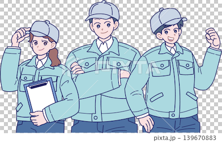 一幅描繪三名戴著帽子、穿著工作服的工人的插圖。 一幅描繪三名戴著帽子、穿著工作服的工人的插圖。 139670883