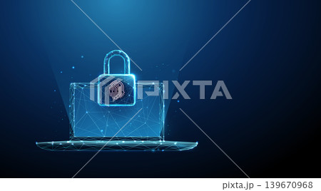 3D blue lock with fingerprint and laptop. Cybersecurity, biometric access, data protection, secure login, identity verification, device safety, privacy concept 3D blue lock with fingerprint and laptop. Cybersecurity, biometric access, data protection, secure login, identity verification, device safety, privacy concept 139670968