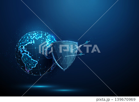 3D blue planet earth and shield with arrows. Global security, planetary protection, worldwide defense, data exchange, network safety, growth direction, trust concept 3D blue planet earth and shield with arrows. Global security, planetary protection, worldwide defense, data exchange, network safety, growth direction, trust concept 139670969