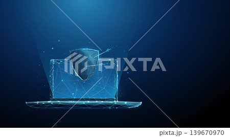 3D blue shield with arrows and laptop. Cybersecurity, device protection, data defense, secure computing, network safety, threat prevention, firewall, privacy concept 139670970
