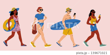 Colorful Summer Tourists with Pool Float and Towel Colorful Summer Tourists with Pool Float and Towel 139671021