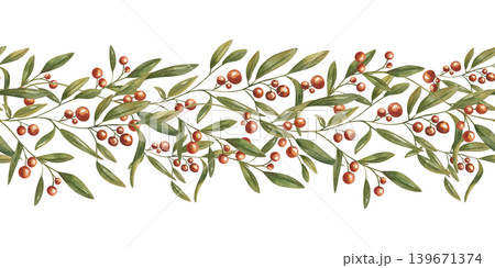 Watercolor seamless border with red berries and green leaves. Botanical horizontal banner of plant branch for Christmas invitation, greeting card, wedding decoration and textile design. 139671374