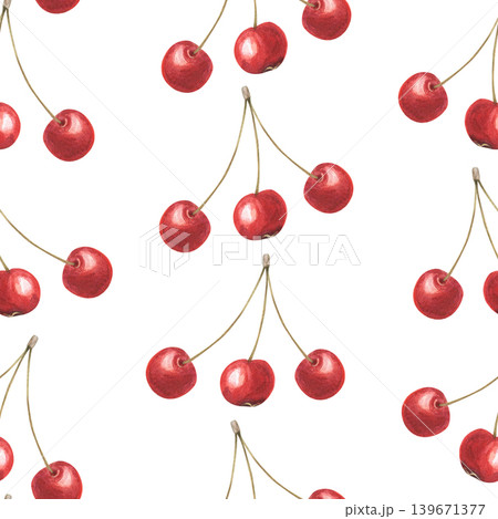 Watercolor seamless pattern with fresh red cherries on isolated background. Hand drawn textile print with ripe fruit. Botanical illustration of summer berries for fabric or wallpaper design. 139671377
