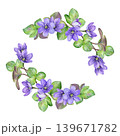 Watercolor floral frame with spring purple flowers and leaves. Anemone hepatica (liverwort) flowers isolated on white. Good for invitations, greeting cards, wedding stationery, branding and decor. 139671782