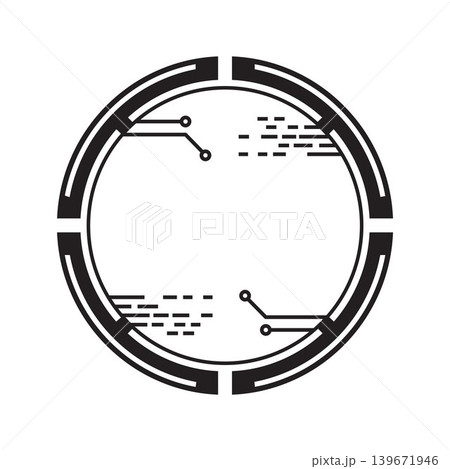 Circular futuristic technology frame with digital circuit patterns, minimalist tech border for HUD interface and cyber security branding. 139671946
