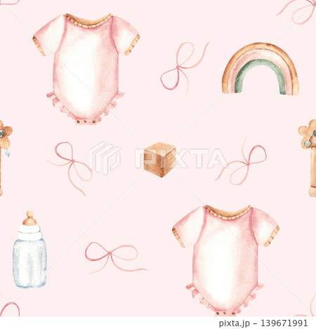 Watercolor baby girl seamless pattern with onesie or bodysuit, milk bottle, wooden toys and pink bows on a pink background. Suitable for fabric, textile, wallpaper, wrapping paper and baby shower Watercolor baby girl seamless pattern with onesie or bodysuit, milk bottle, wooden toys and pink bows on a pink background. Suitable for fabric, textile, wallpaper, wrapping paper and baby shower 139671991