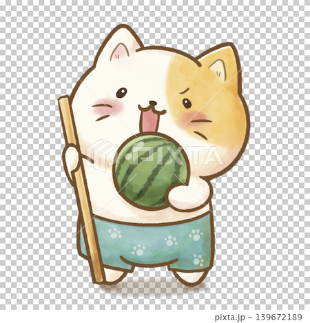 A cute watercolor illustration of a calico cat preparing to smash a watermelon - Japanese summer game/event material A cute watercolor illustration of a calico cat preparing to smash a watermelon - Japanese summer game/event material 139672189