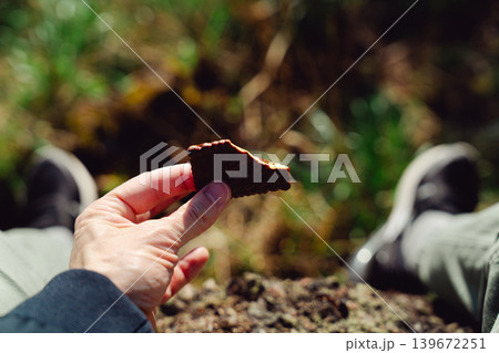 Man holding chocolate biscuit in forest. Outdoor snack break with blurred green nature background, food and relaxation concept 139672251