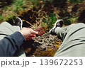 Man holding chocolate biscuit in forest. Outdoor snack break with blurred green nature background, food and relaxation concept 139672253