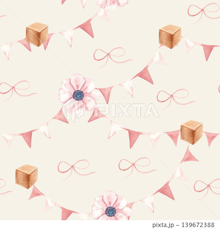 Baby girl seamless watercolor pattern. Pink flowers, wooden cubes and bunting garlands on a beige background. Suitable for fabric, textile, wallpaper, wrapping paper and baby shower designs. Baby girl seamless watercolor pattern. Pink flowers, wooden cubes and bunting garlands on a beige background. Suitable for fabric, textile, wallpaper, wrapping paper and baby shower designs. 139672388