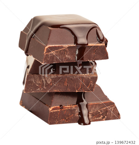 Chocolate bars with melted dark chocolate sauce isolated on white background Chocolate bars with melted dark chocolate sauce isolated on white background 139672432
