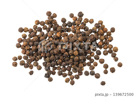 Black peppercorns or pepper isolated on a white background. Top view. Flat lay Black peppercorns or pepper isolated on a white background. Top view. Flat lay 139672500