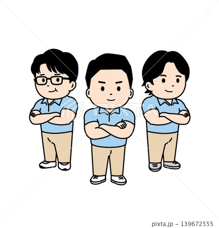 マッチョな2.5頭身キャラの介護職員チームのイラスト、腕組みポーズの男性ケアスタッフ3人セット マッチョな2.5頭身キャラの介護職員チームのイラスト、腕組みポーズの男性ケアスタッフ3人セット 139672555