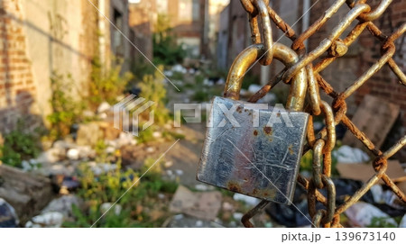 Macro View of Old Scratched Steel Padlock on Rusted Fence Macro View of Old Scratched Steel Padlock on Rusted Fence 139673140