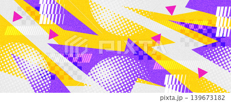 Dynamic and Energetic Background with Yellow and Purple Shapes on a White Background, with Halftone Pattern and Texture Effect 139673182