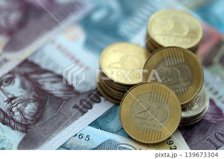 Bunch of Hungarian Forint currency money bills and coins. HUF currency banknotes and coins 139673304
