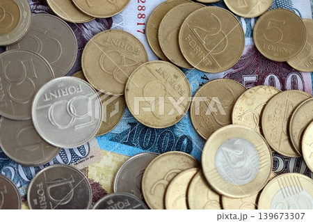 Large amount of Hungarian Forint currency money bills and coins. HUF currency banknotes and coins Large amount of Hungarian Forint currency money bills and coins. HUF currency banknotes and coins 139673307