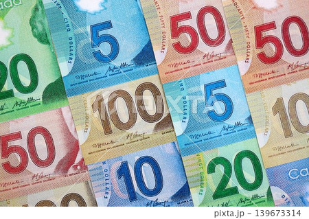 Canadian Dollar currency money bills. CAD currency banknotes in big stack 139673314